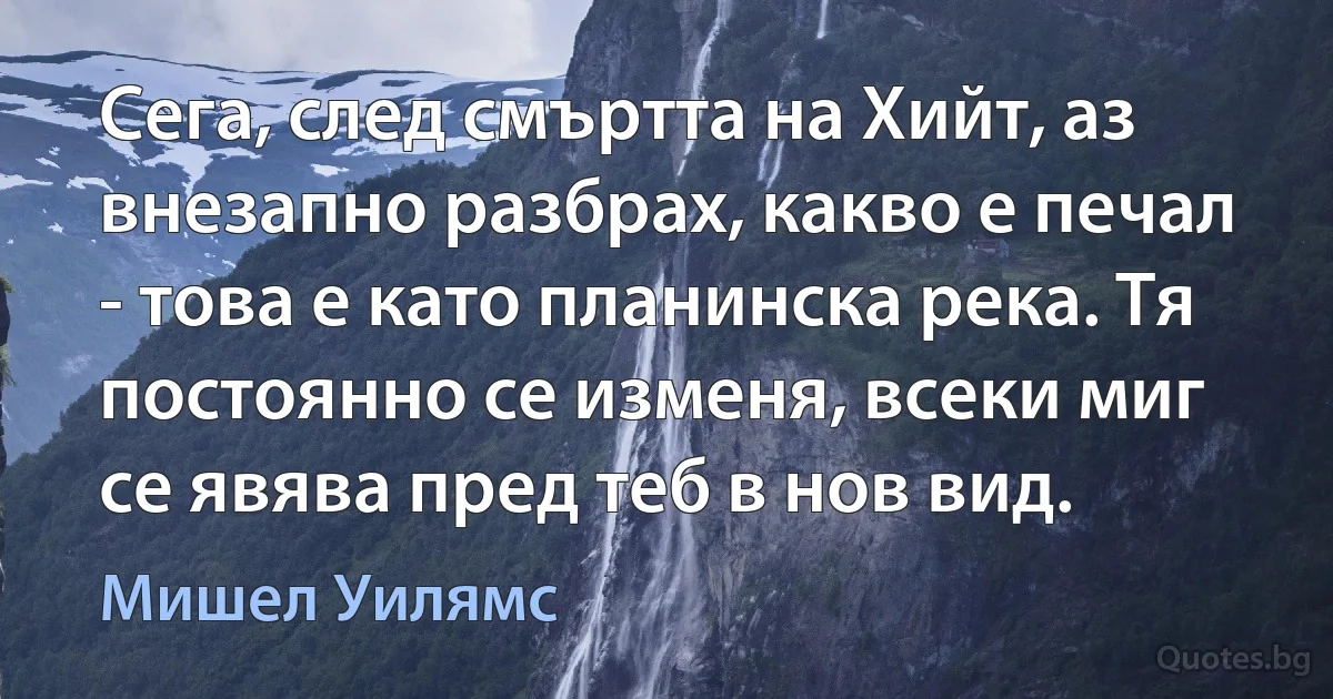 Сега, след смъртта на Хийт, аз внезапно разбрах, какво е печал - това е като планинска река. Тя постоянно се изменя, всеки миг се явява пред теб в нов вид. (Мишел Уилямс)