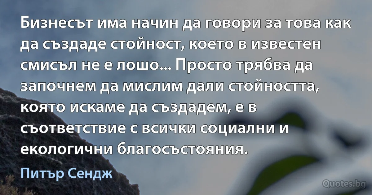 Бизнесът има начин да говори за това как да създаде стойност, което в известен смисъл не е лошо... Просто трябва да започнем да мислим дали стойността, която искаме да създадем, е в съответствие с всички социални и екологични благосъстояния. (Питър Сендж)