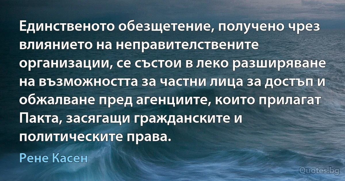 Единственото обезщетение, получено чрез влиянието на неправителствените организации, се състои в леко разширяване на възможността за частни лица за достъп и обжалване пред агенциите, които прилагат Пакта, засягащи гражданските и политическите права. (Рене Касен)