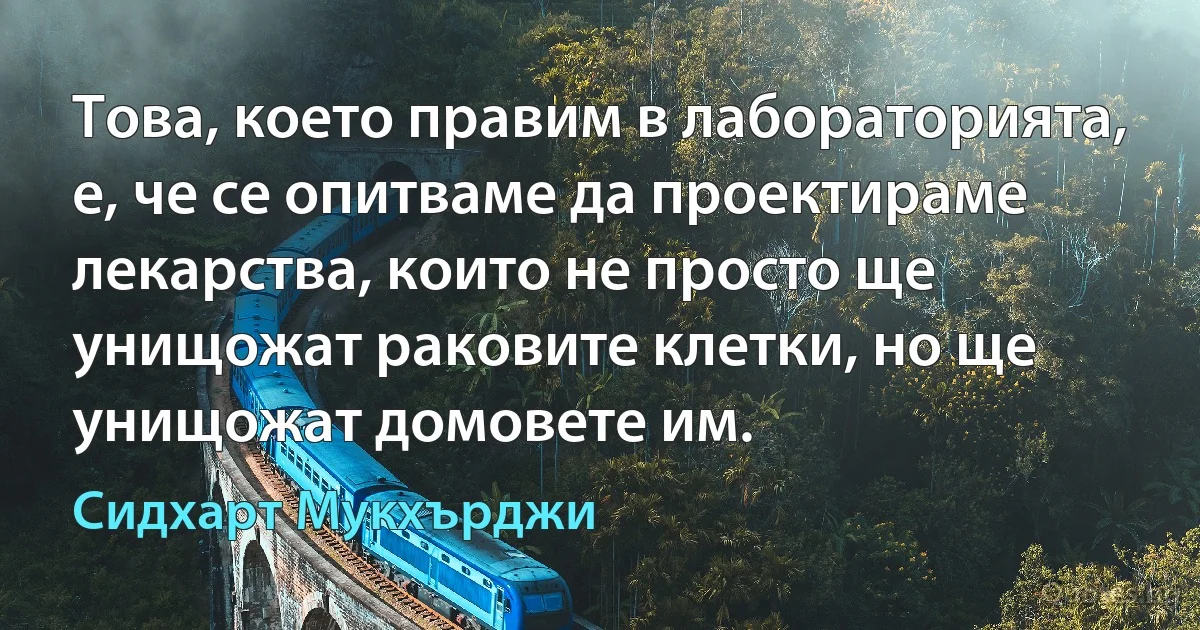 Това, което правим в лабораторията, е, че се опитваме да проектираме лекарства, които не просто ще унищожат раковите клетки, но ще унищожат домовете им. (Сидхарт Мукхърджи)