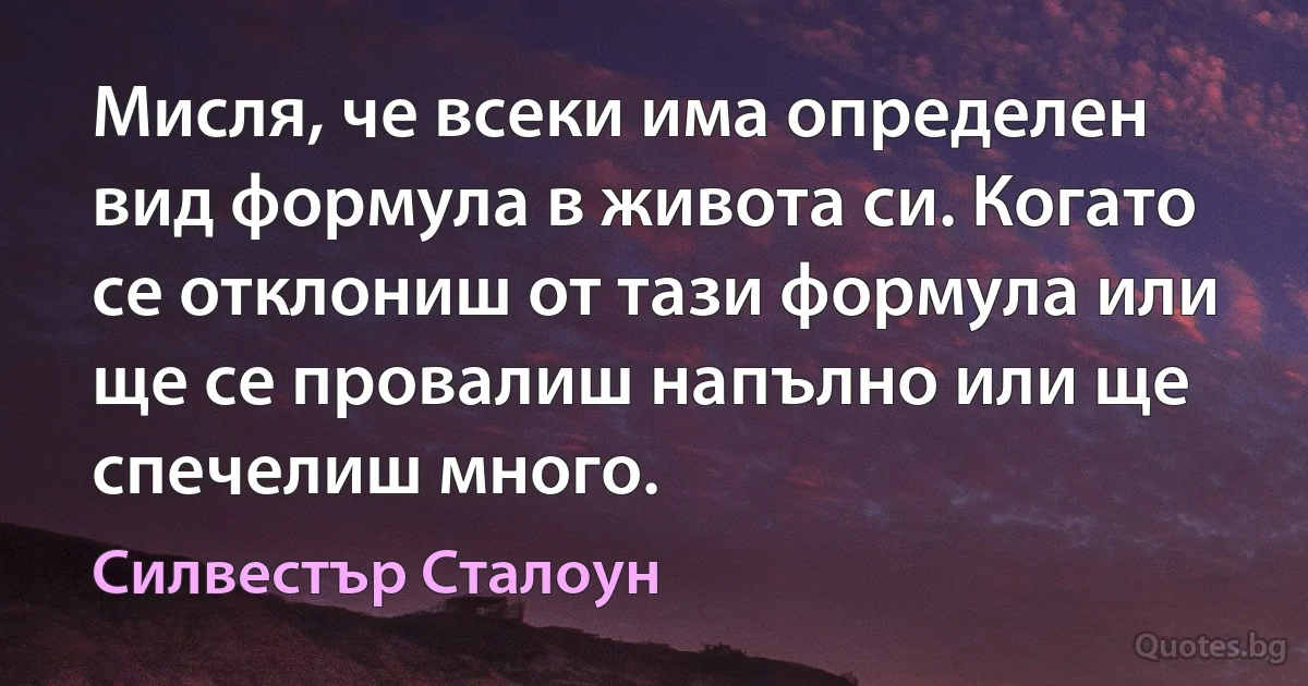 Мисля, че всеки има определен вид формула в живота си. Когато се отклониш от тази формула или ще се провалиш напълно или ще спечелиш много. (Силвестър Сталоун)