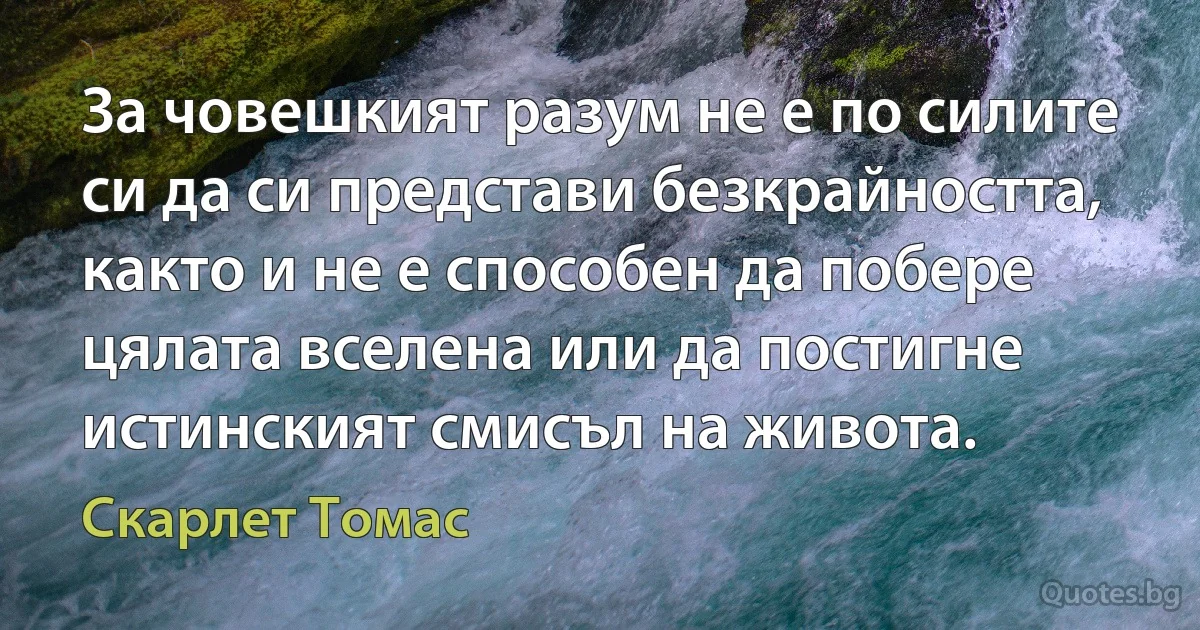 За човешкият разум не е по силите си да си представи безкрайността, както и не е способен да побере цялата вселена или да постигне истинският смисъл на живота. (Скарлет Томас)