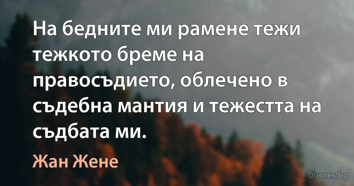 На бедните ми рамене тежи тежкото бреме на правосъдието, облечено в съдебна мантия и тежестта на съдбата ми. (Жан Жене)