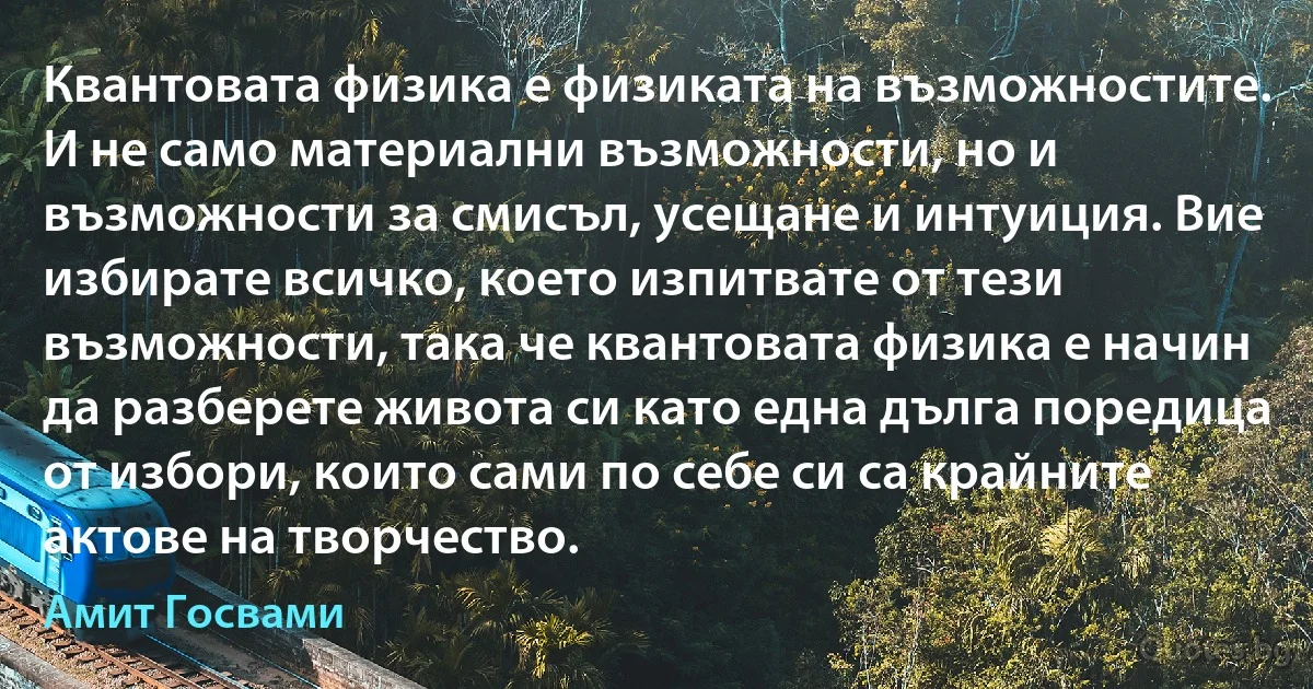 Квантовата физика е физиката на възможностите. И не само материални възможности, но и възможности за смисъл, усещане и интуиция. Вие избирате всичко, което изпитвате от тези възможности, така че квантовата физика е начин да разберете живота си като една дълга поредица от избори, които сами по себе си са крайните актове на творчество. (Амит Госвами)