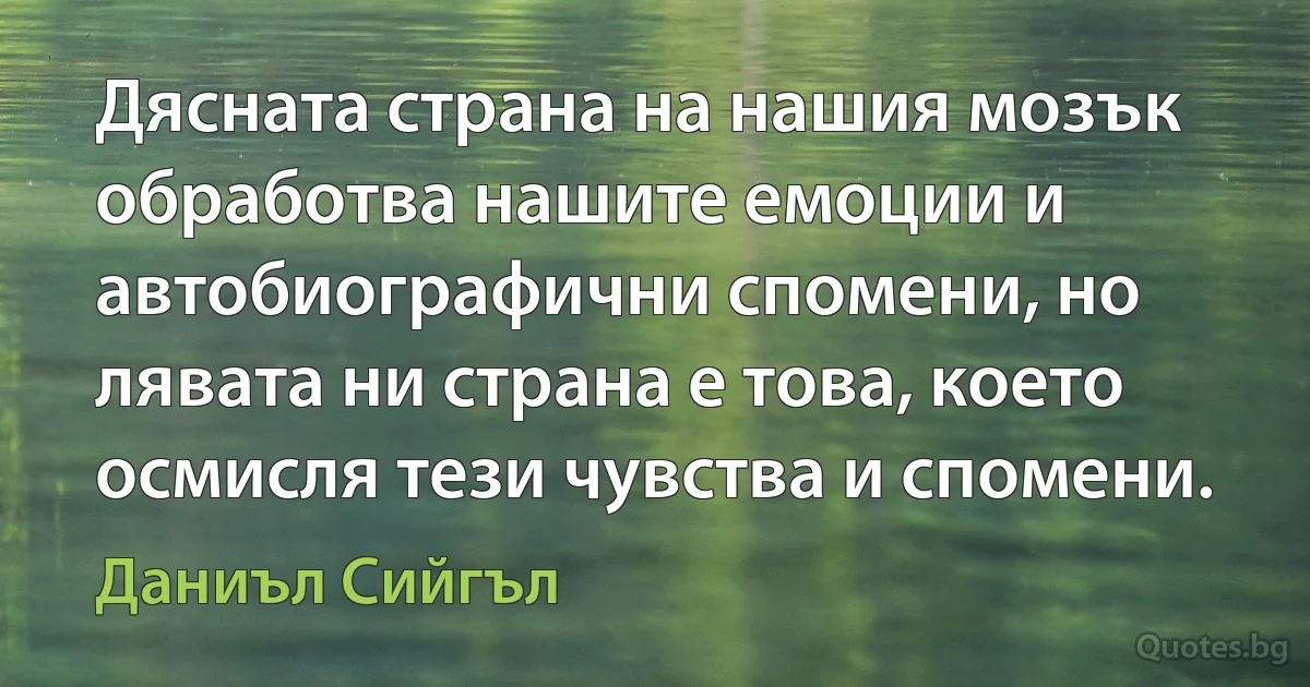 Дясната страна на нашия мозък обработва нашите емоции и автобиографични спомени, но лявата ни страна е това, което осмисля тези чувства и спомени. (Даниъл Сийгъл)