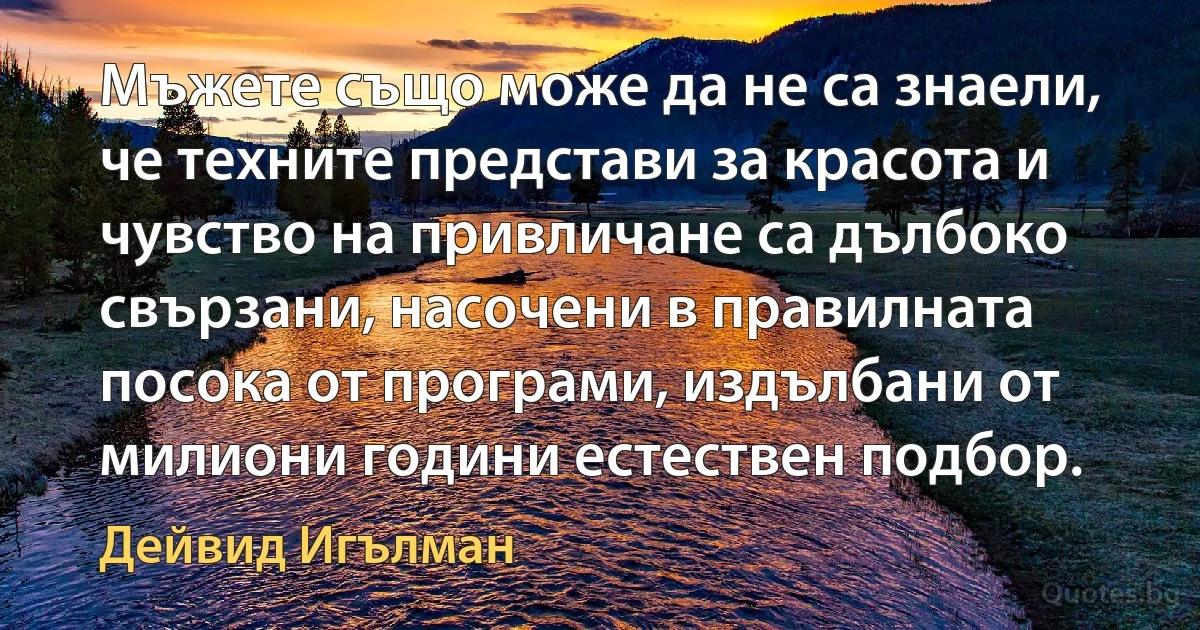 Мъжете също може да не са знаели, че техните представи за красота и чувство на привличане са дълбоко свързани, насочени в правилната посока от програми, издълбани от милиони години естествен подбор. (Дейвид Игълман)