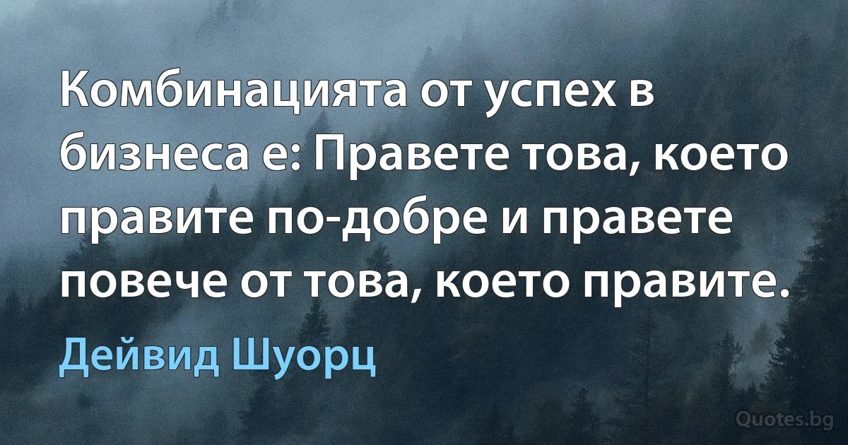 Комбинацията от успех в бизнеса е: Правете това, което правите по-добре и правете повече от това, което правите. (Дейвид Шуорц)