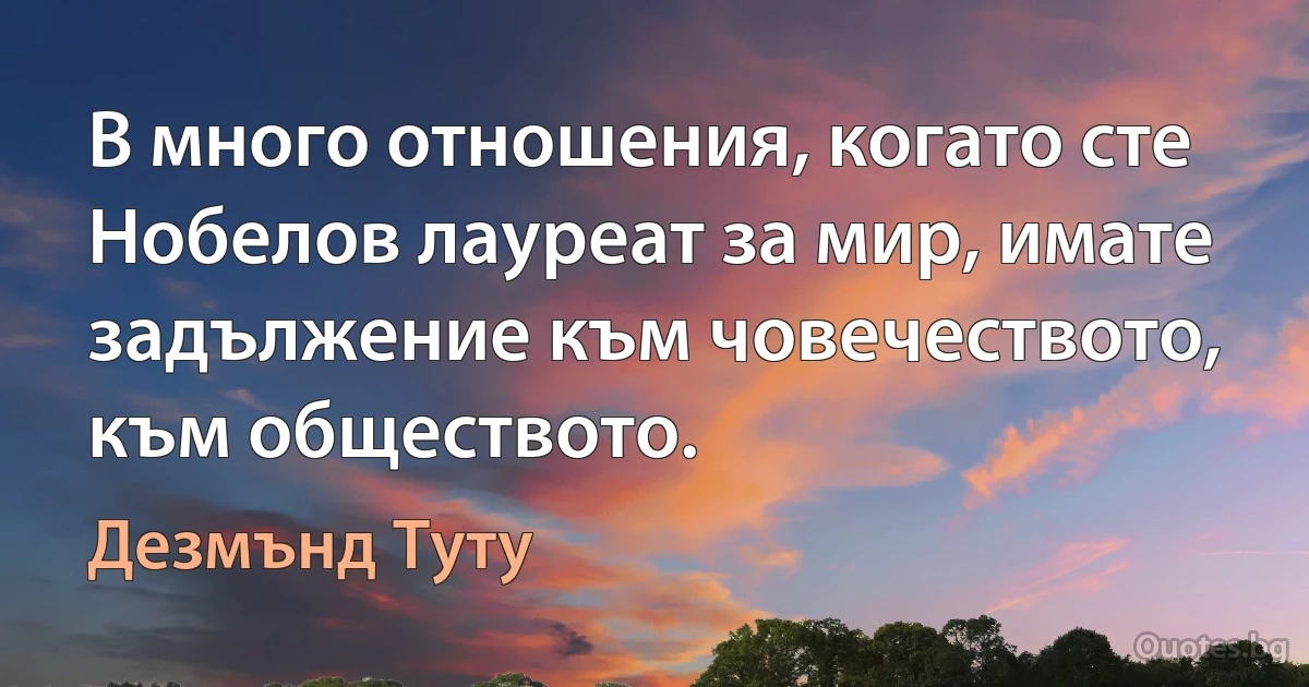 В много отношения, когато сте Нобелов лауреат за мир, имате задължение към човечеството, към обществото. (Дезмънд Туту)