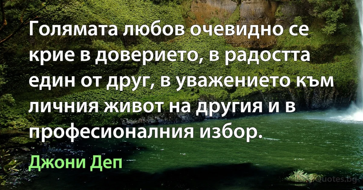 Голямата любов очевидно се крие в доверието, в радостта един от друг, в уважението към личния живот на другия и в професионалния избор. (Джони Деп)