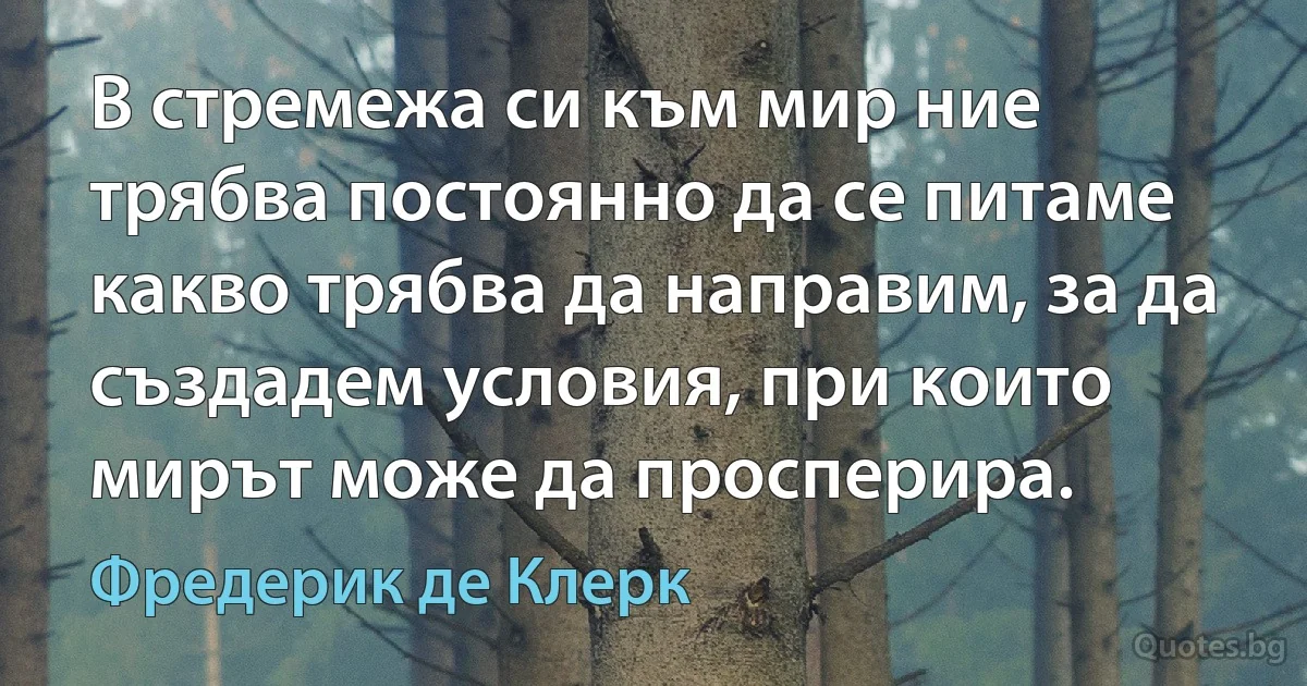 В стремежа си към мир ние трябва постоянно да се питаме какво трябва да направим, за да създадем условия, при които мирът може да просперира. (Фредерик де Клерк)