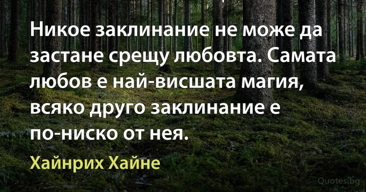 Никое заклинание не може да застане срещу любовта. Самата любов е най-висшата магия, всяко друго заклинание е по-ниско от нея. (Хайнрих Хайне)