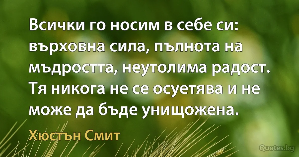 Всички го носим в себе си: върховна сила, пълнота на мъдростта, неутолима радост. Тя никога не се осуетява и не може да бъде унищожена. (Хюстън Смит)