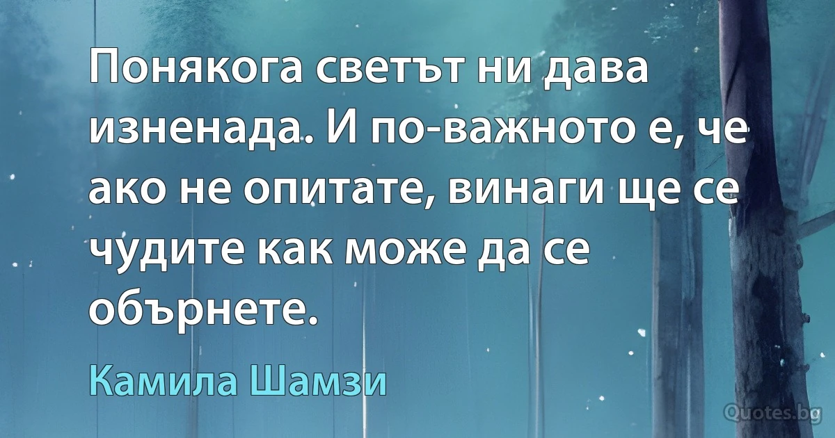 Понякога светът ни дава изненада. И по-важното е, че ако не опитате, винаги ще се чудите как може да се обърнете. (Камила Шамзи)