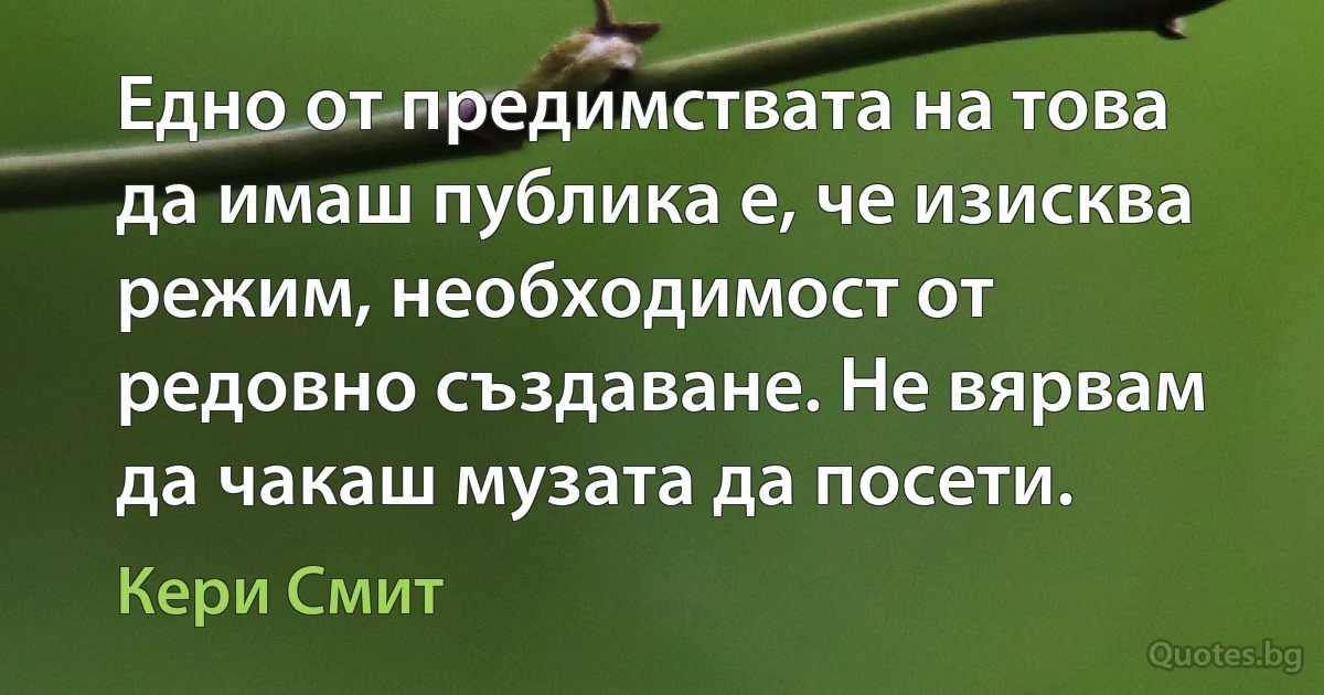 Едно от предимствата на това да имаш публика е, че изисква режим, необходимост от редовно създаване. Не вярвам да чакаш музата да посети. (Кери Смит)