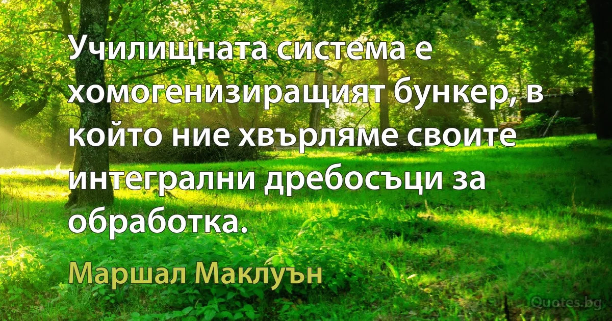 Училищната система е хомогенизиращият бункер, в който ние хвърляме своите интегрални дребосъци за обработка. (Маршал Маклуън)