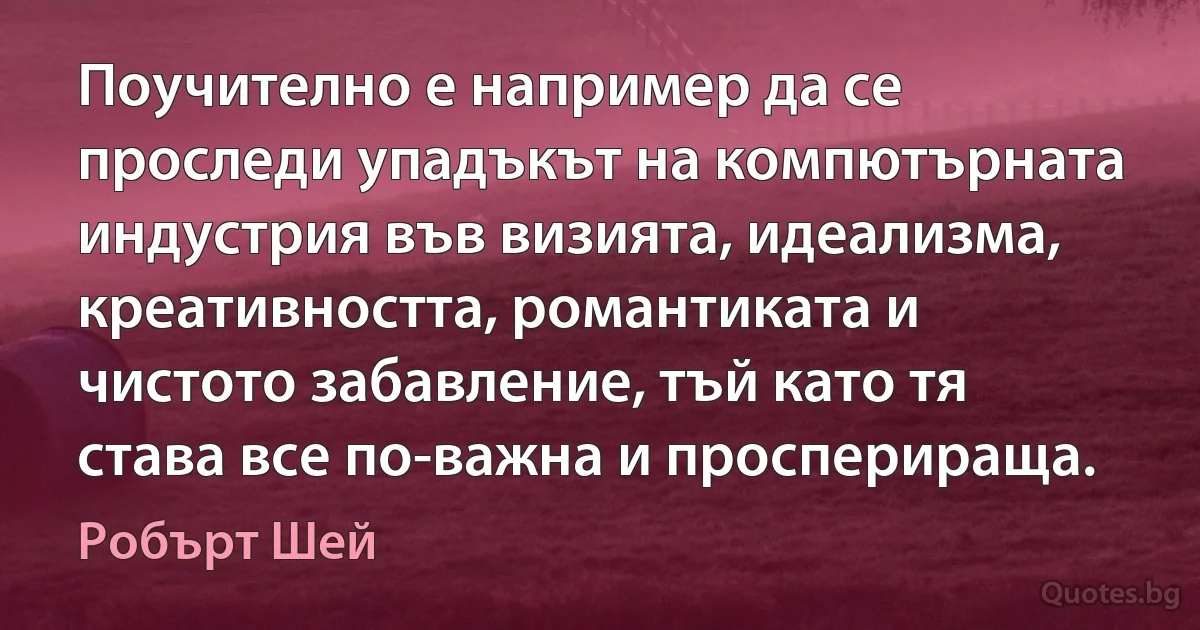 Поучително е например да се проследи упадъкът на компютърната индустрия във визията, идеализма, креативността, романтиката и чистото забавление, тъй като тя става все по-важна и просперираща. (Робърт Шей)