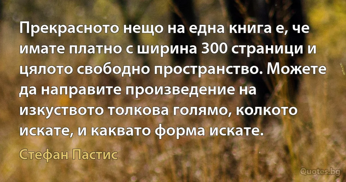 Прекрасното нещо на една книга е, че имате платно с ширина 300 страници и цялото свободно пространство. Можете да направите произведение на изкуството толкова голямо, колкото искате, и каквато форма искате. (Стефан Пастис)