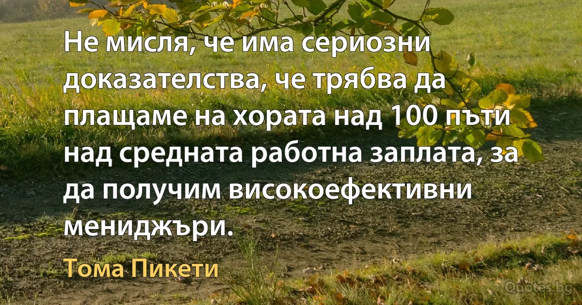 Не мисля, че има сериозни доказателства, че трябва да плащаме на хората над 100 пъти над средната работна заплата, за да получим високоефективни мениджъри. (Тома Пикети)