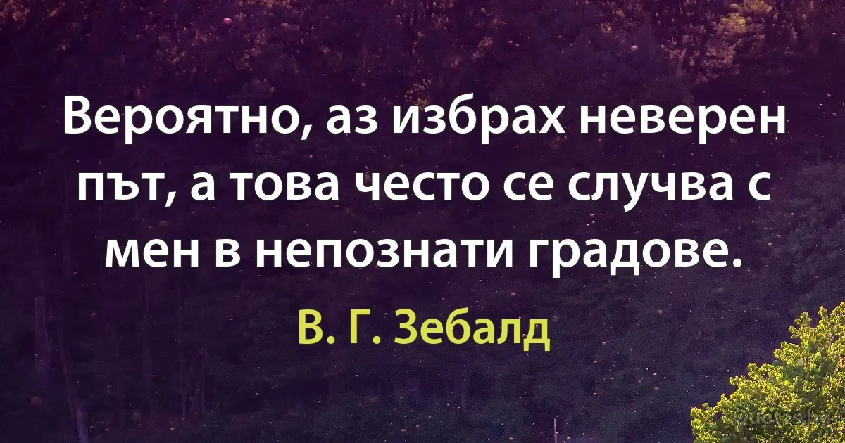 Вероятно, аз избрах неверен път, а това често се случва с мен в непознати градове. (В. Г. Зебалд)