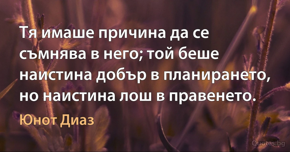 Тя имаше причина да се съмнява в него; той беше наистина добър в планирането, но наистина лош в правенето. (Юнот Диаз)