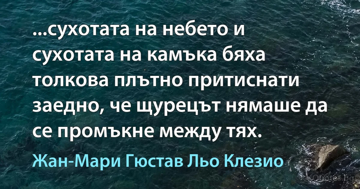 ...сухотата на небето и сухотата на камъка бяха толкова плътно притиснати заедно, че щурецът нямаше да се промъкне между тях. (Жан-Мари Гюстав Льо Клезио)