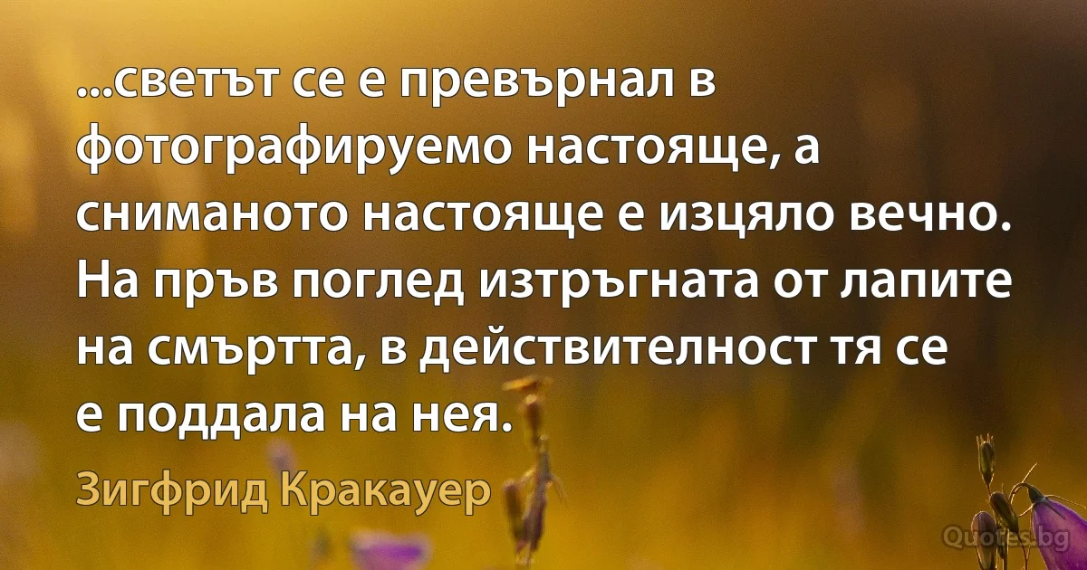 ...светът се е превърнал в фотографируемо настояще, а сниманото настояще е изцяло вечно. На пръв поглед изтръгната от лапите на смъртта, в действителност тя се е поддала на нея. (Зигфрид Кракауер)