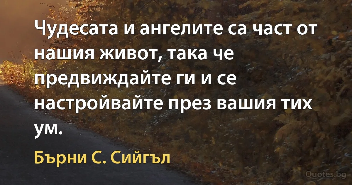 Чудесата и ангелите са част от нашия живот, така че предвиждайте ги и се настройвайте през вашия тих ум. (Бърни С. Сийгъл)