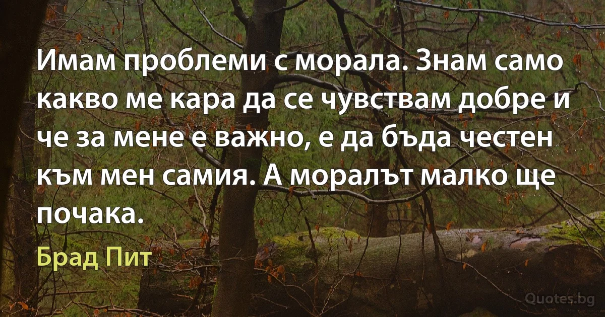 Имам проблеми с морала. Знам само какво ме кара да се чувствам добре и че за мене е важно, е да бъда честен към мен самия. А моралът малко ще почака. (Брад Пит)