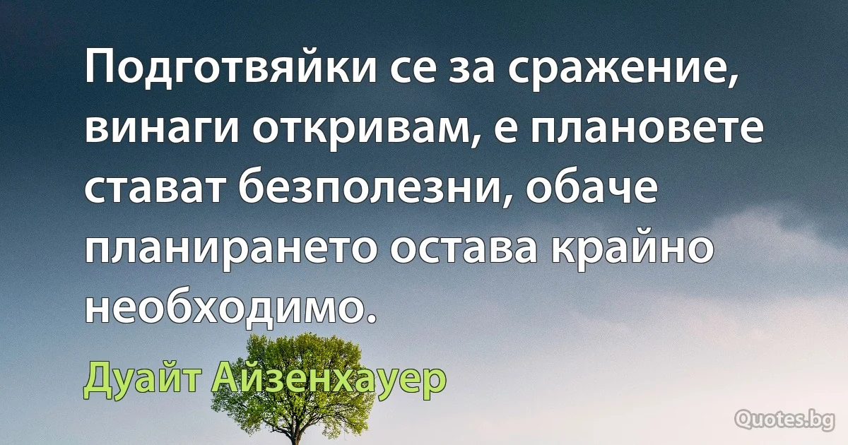 Подготвяйки се за сражение, винаги откривам, е плановете стават безполезни, обаче планирането остава крайно необходимо. (Дуайт Айзенхауер)