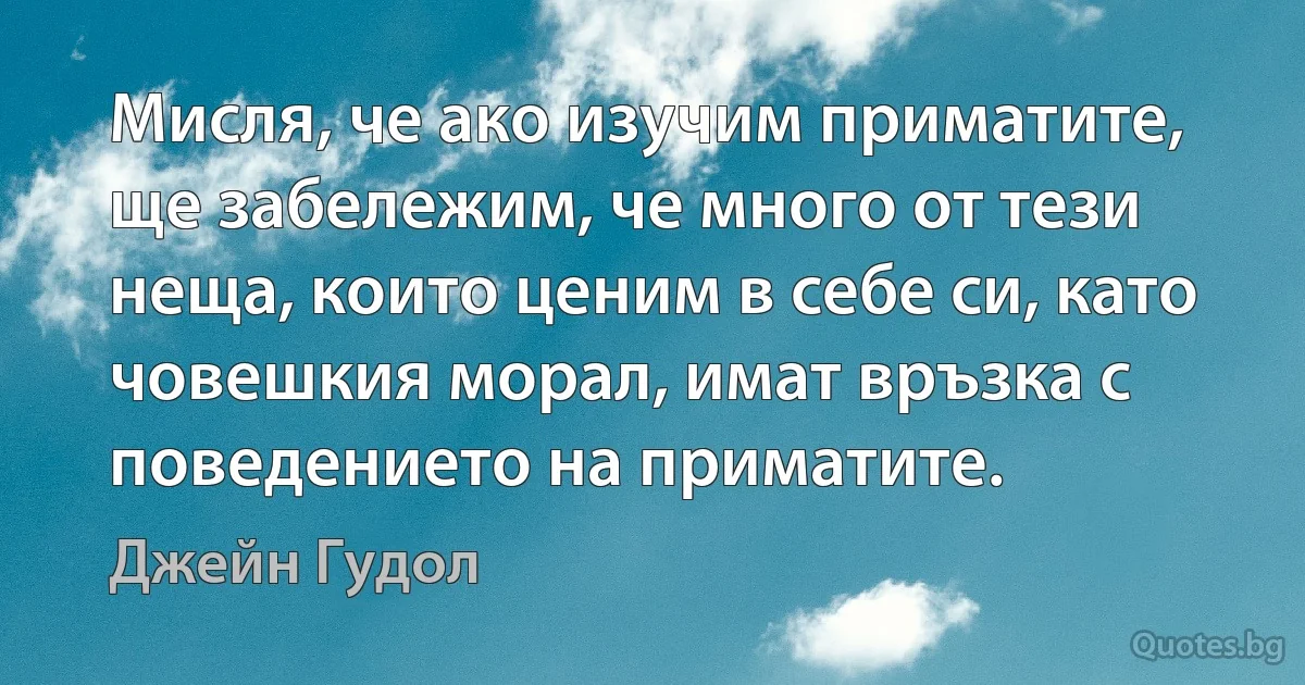 Мисля, че ако изучим приматите, ще забележим, че много от тези неща, които ценим в себе си, като човешкия морал, имат връзка с поведението на приматите. (Джейн Гудол)