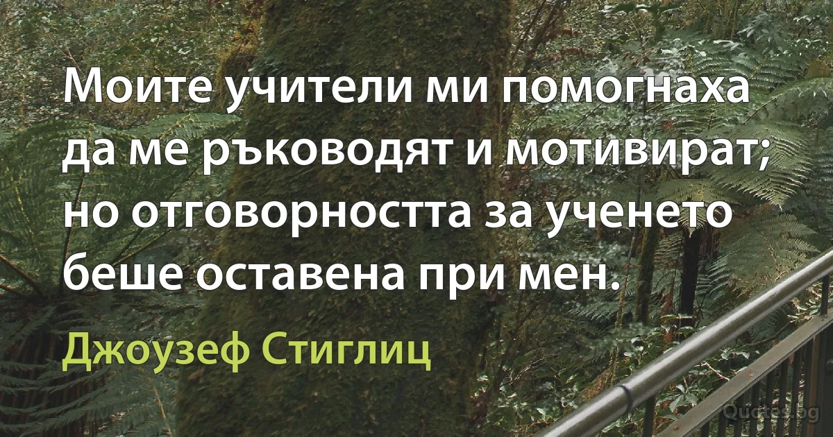 Моите учители ми помогнаха да ме ръководят и мотивират; но отговорността за ученето беше оставена при мен. (Джоузеф Стиглиц)