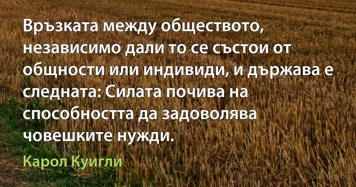 Връзката между обществото, независимо дали то се състои от общности или индивиди, и държава е следната: Силата почива на способността да задоволява човешките нужди. (Карол Куигли)