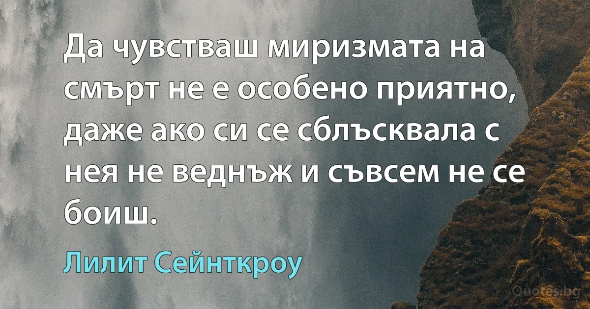 Да чувстваш миризмата на смърт не е особено приятно, даже ако си се сблъсквала с нея не веднъж и съвсем не се боиш. (Лилит Сейнткроу)