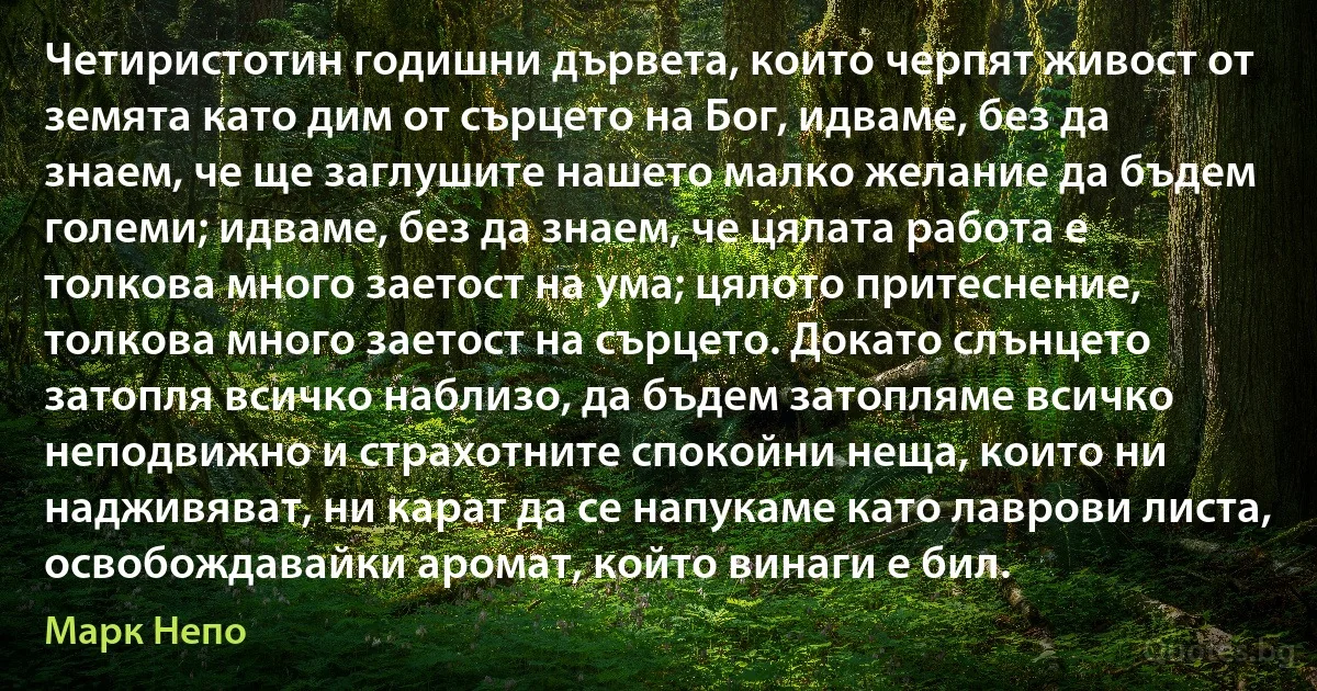 Четиристотин годишни дървета, които черпят живост от земята като дим от сърцето на Бог, идваме, без да знаем, че ще заглушите нашето малко желание да бъдем големи; идваме, без да знаем, че цялата работа е толкова много заетост на ума; цялото притеснение, толкова много заетост на сърцето. Докато слънцето затопля всичко наблизо, да бъдем затопляме всичко неподвижно и страхотните спокойни неща, които ни надживяват, ни карат да се напукаме като лаврови листа, освобождавайки аромат, който винаги е бил. (Марк Непо)