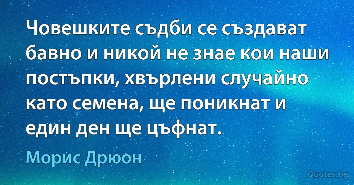 Човешките съдби се създават бавно и никой не знае кои наши постъпки, хвърлени случайно като семена, ще поникнат и един ден ще цъфнат. (Морис Дрюон)