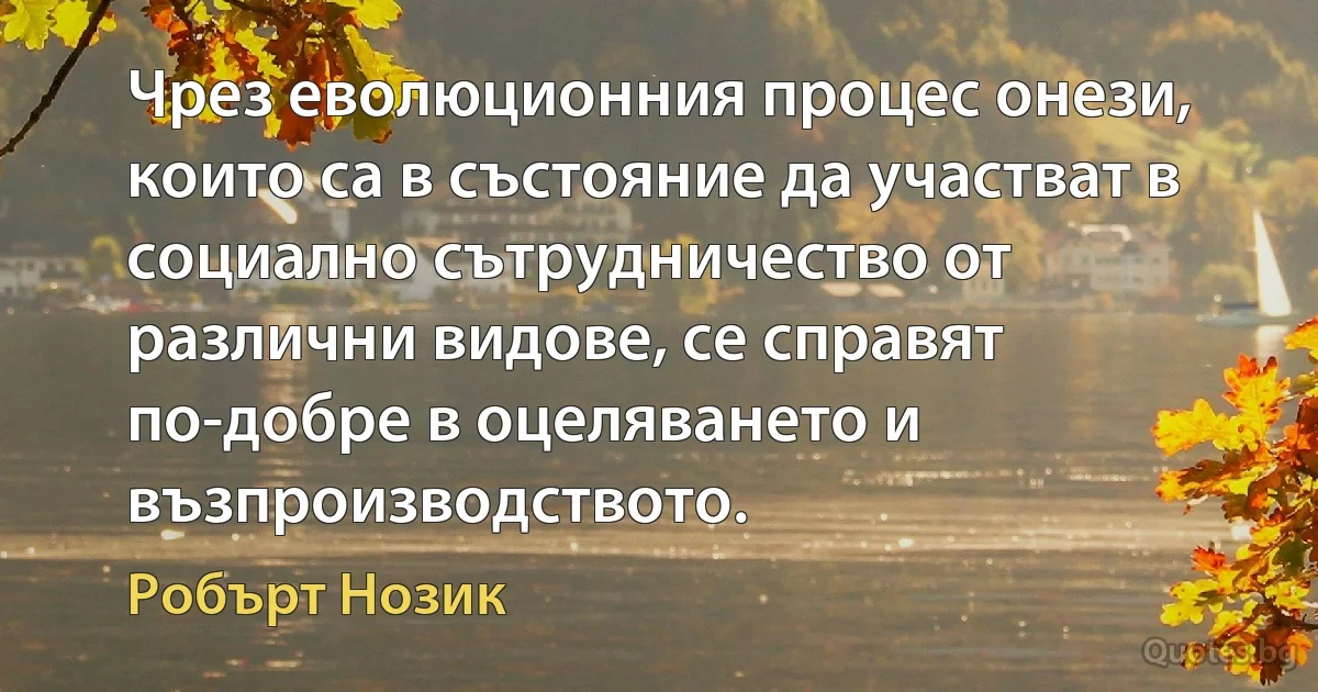 Чрез еволюционния процес онези, които са в състояние да участват в социално сътрудничество от различни видове, се справят по-добре в оцеляването и възпроизводството. (Робърт Нозик)