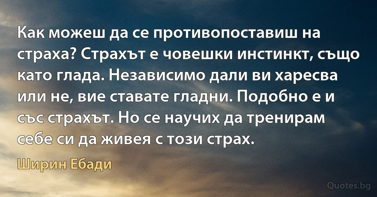 Как можеш да се противопоставиш на страха? Страхът е човешки инстинкт, също като глада. Независимо дали ви харесва или не, вие ставате гладни. Подобно е и със страхът. Но се научих да тренирам себе си да живея с този страх. (Ширин Ебади)