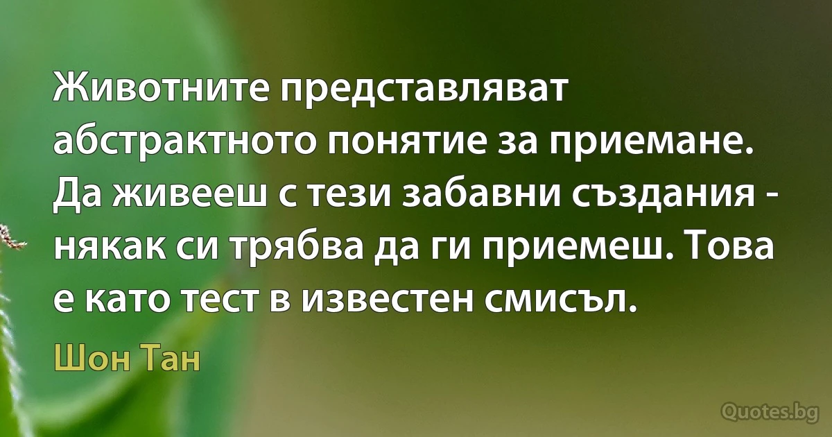 Животните представляват абстрактното понятие за приемане. Да живееш с тези забавни създания - някак си трябва да ги приемеш. Това е като тест в известен смисъл. (Шон Тан)