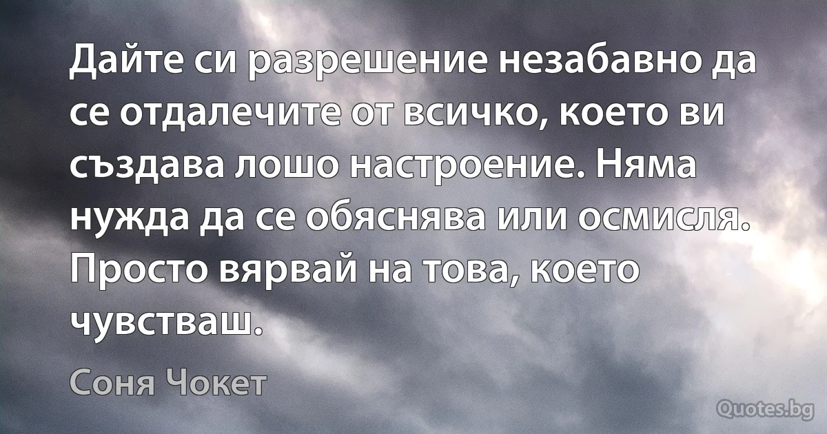 Дайте си разрешение незабавно да се отдалечите от всичко, което ви създава лошо настроение. Няма нужда да се обяснява или осмисля. Просто вярвай на това, което чувстваш. (Соня Чокет)