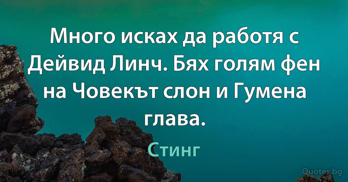 Много исках да работя с Дейвид Линч. Бях голям фен на Човекът слон и Гумена глава. (Стинг)