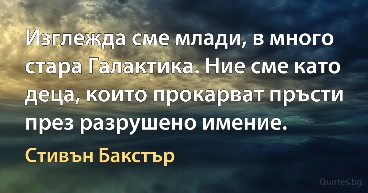 Изглежда сме млади, в много стара Галактика. Ние сме като деца, които прокарват пръсти през разрушено имение. (Стивън Бакстър)