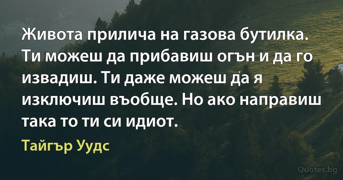 Живота прилича на газова бутилка. Ти можеш да прибавиш огън и да го извадиш. Ти даже можеш да я изключиш въобще. Но ако направиш така то ти си идиот. (Тайгър Уудс)