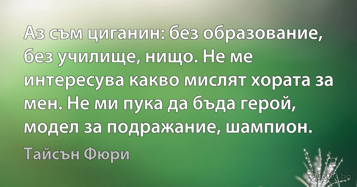 Аз съм циганин: без образование, без училище, нищо. Не ме интересува какво мислят хората за мен. Не ми пука да бъда герой, модел за подражание, шампион. (Тайсън Фюри)