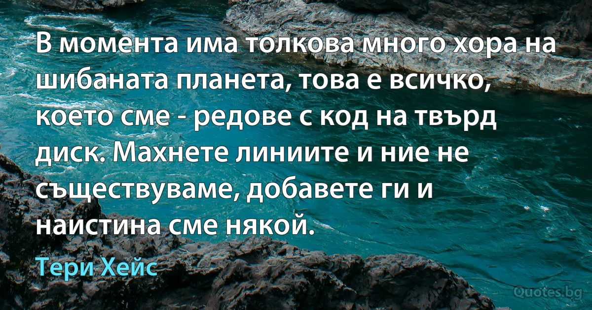 В момента има толкова много хора на шибаната планета, това е всичко, което сме - редове с код на твърд диск. Махнете линиите и ние не съществуваме, добавете ги и наистина сме някой. (Тери Хейс)