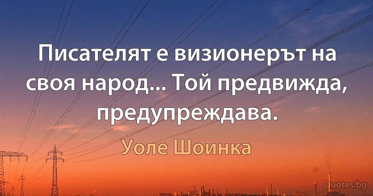 Писателят е визионерът на своя народ... Той предвижда, предупреждава. (Уоле Шоинка)