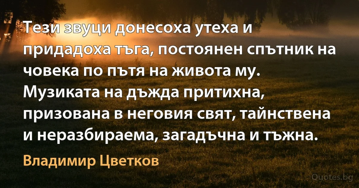 Тези звуци донесоха утеха и придадоха тъга, постоянен спътник на човека по пътя на живота му. Музиката на дъжда притихна, призована в неговия свят, тайнствена и неразбираема, загадъчна и тъжна. (Владимир Цветков)