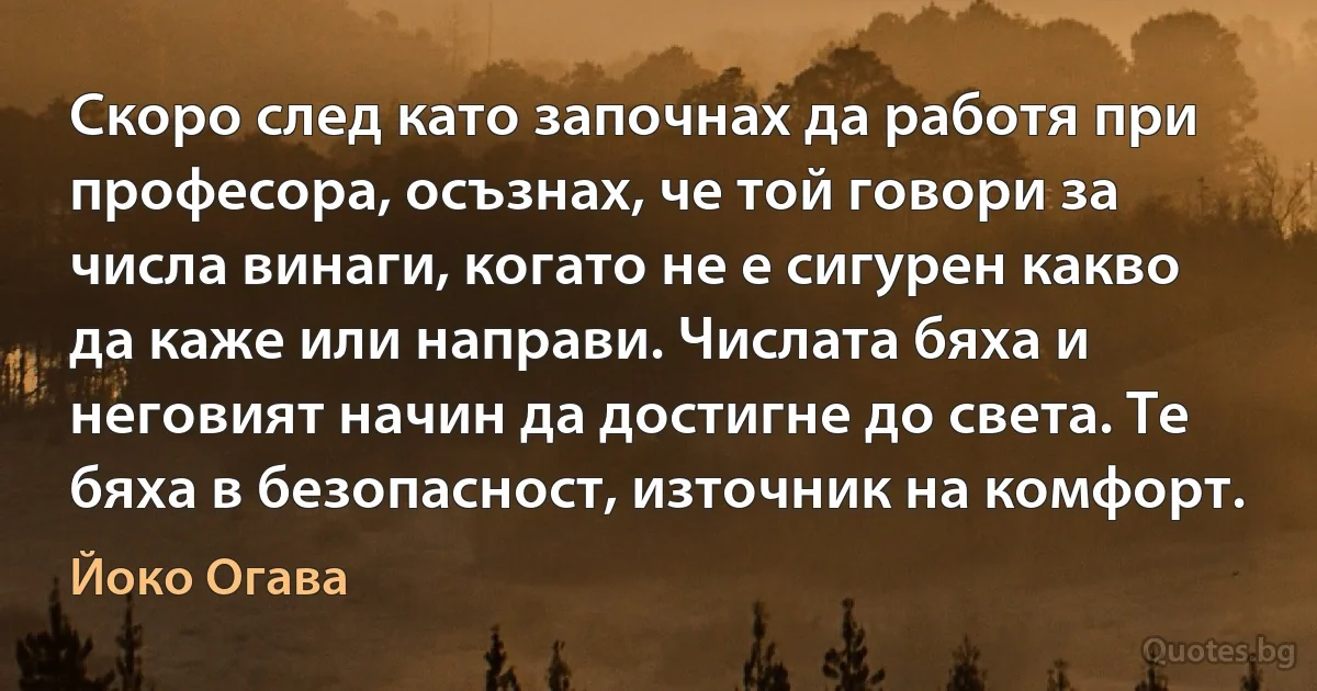 Скоро след като започнах да работя при професора, осъзнах, че той говори за числа винаги, когато не е сигурен какво да каже или направи. Числата бяха и неговият начин да достигне до света. Те бяха в безопасност, източник на комфорт. (Йоко Огава)