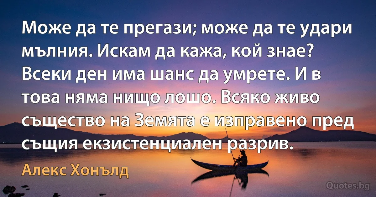 Може да те прегази; може да те удари мълния. Искам да кажа, кой знае? Всеки ден има шанс да умрете. И в това няма нищо лошо. Всяко живо същество на Земята е изправено пред същия екзистенциален разрив. (Алекс Хонълд)