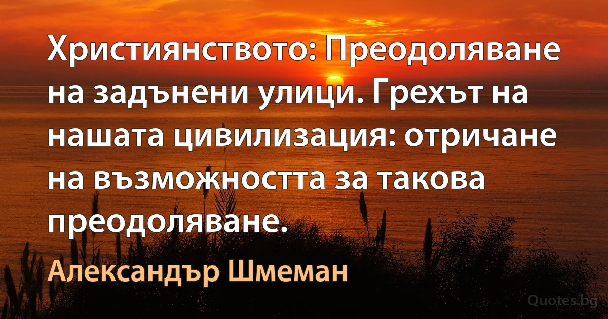 Християнството: Преодоляване на задънени улици. Грехът на нашата цивилизация: отричане на възможността за такова преодоляване. (Александър Шмеман)