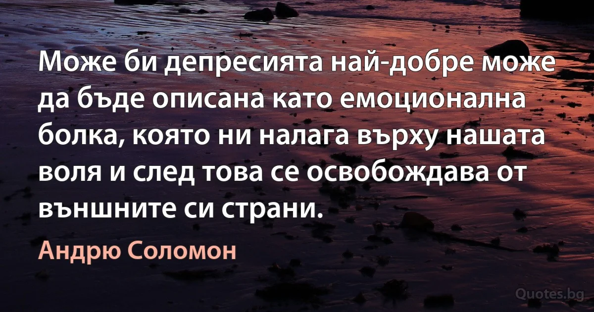 Може би депресията най-добре може да бъде описана като емоционална болка, която ни налага върху нашата воля и след това се освобождава от външните си страни. (Андрю Соломон)